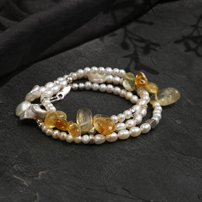 Warm Haze Citrine & Pearl Necklace with S925 Silver Hook