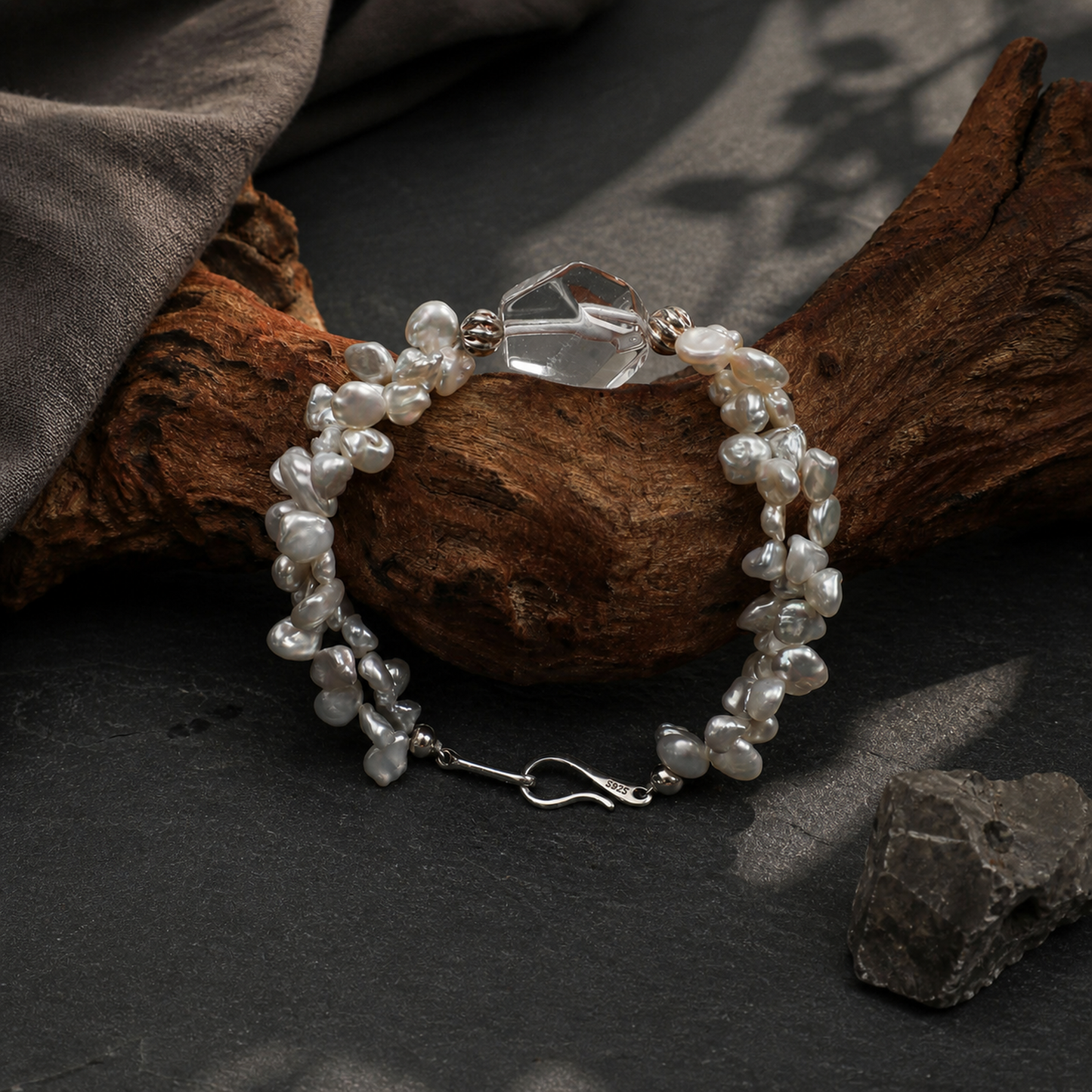 Clear Quartz & Petal Baroque Pearl Bracelet with S925 Sterling Silver Hook