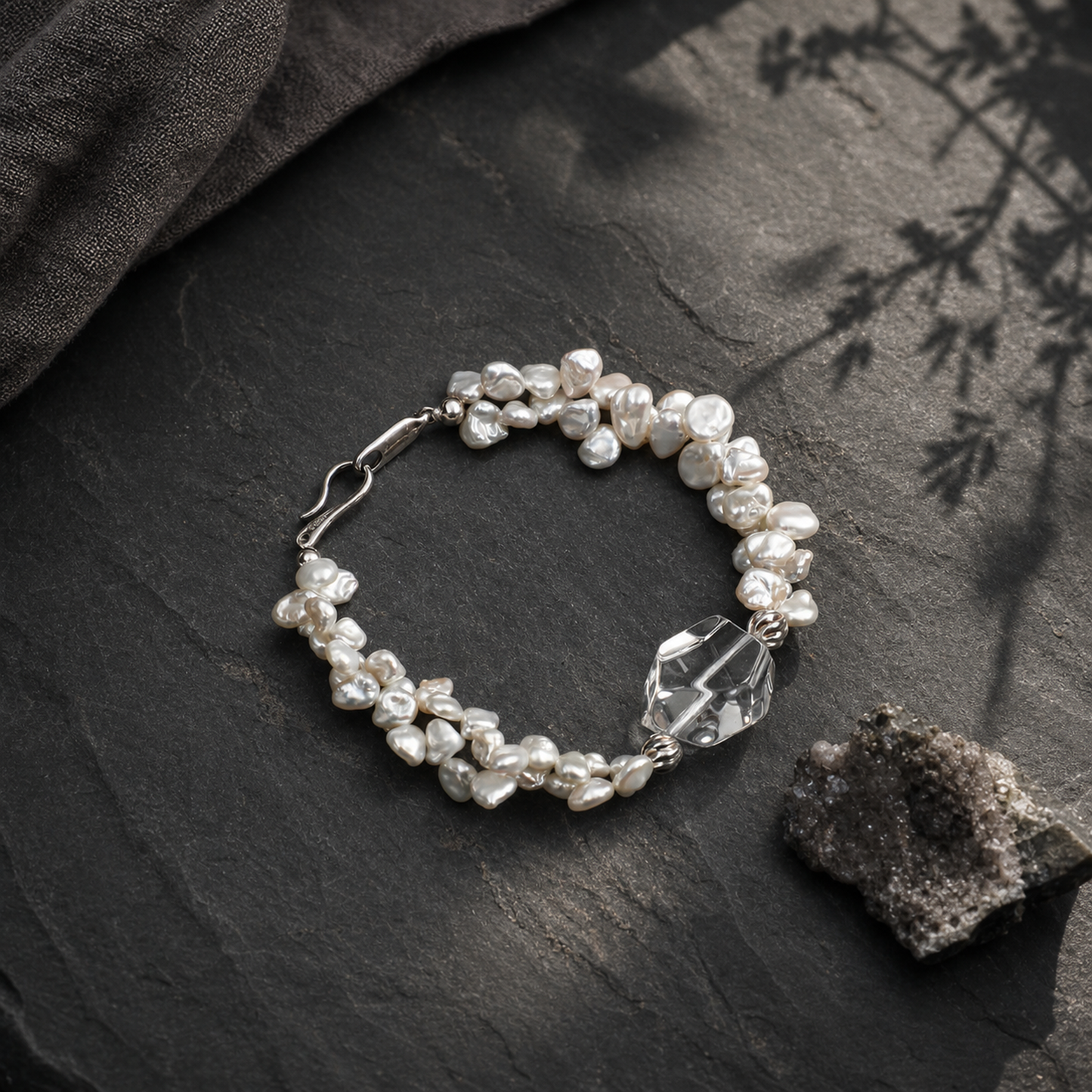 Clear Quartz & Petal Baroque Pearl Bracelet with S925 Sterling Silver Hook