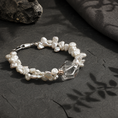 Clear Quartz & Petal Baroque Pearl Bracelet with S925 Sterling Silver Hook