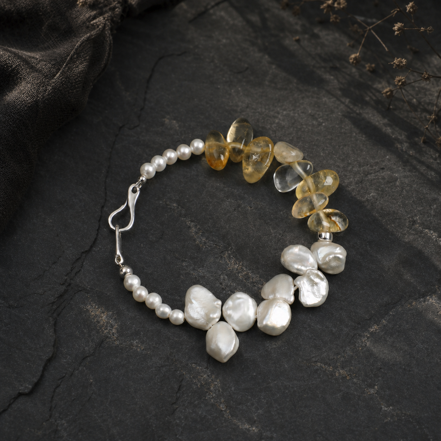 Citrine Long Tooth & Petal Pearl Bracelet with Tiny Rice Pearls and S925 Silver Hook