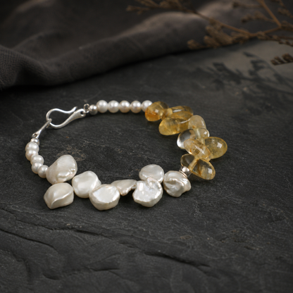 Citrine Long Tooth & Petal Pearl Bracelet with Tiny Rice Pearls and S925 Silver Hook