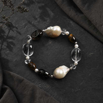 Smoky Quartz & Clear Quartz Bracelet with Baroque Pearl and Tiger Eye Accents