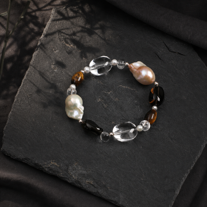 Smoky Quartz & Clear Quartz Bracelet with Baroque Pearl and Tiger Eye Accents