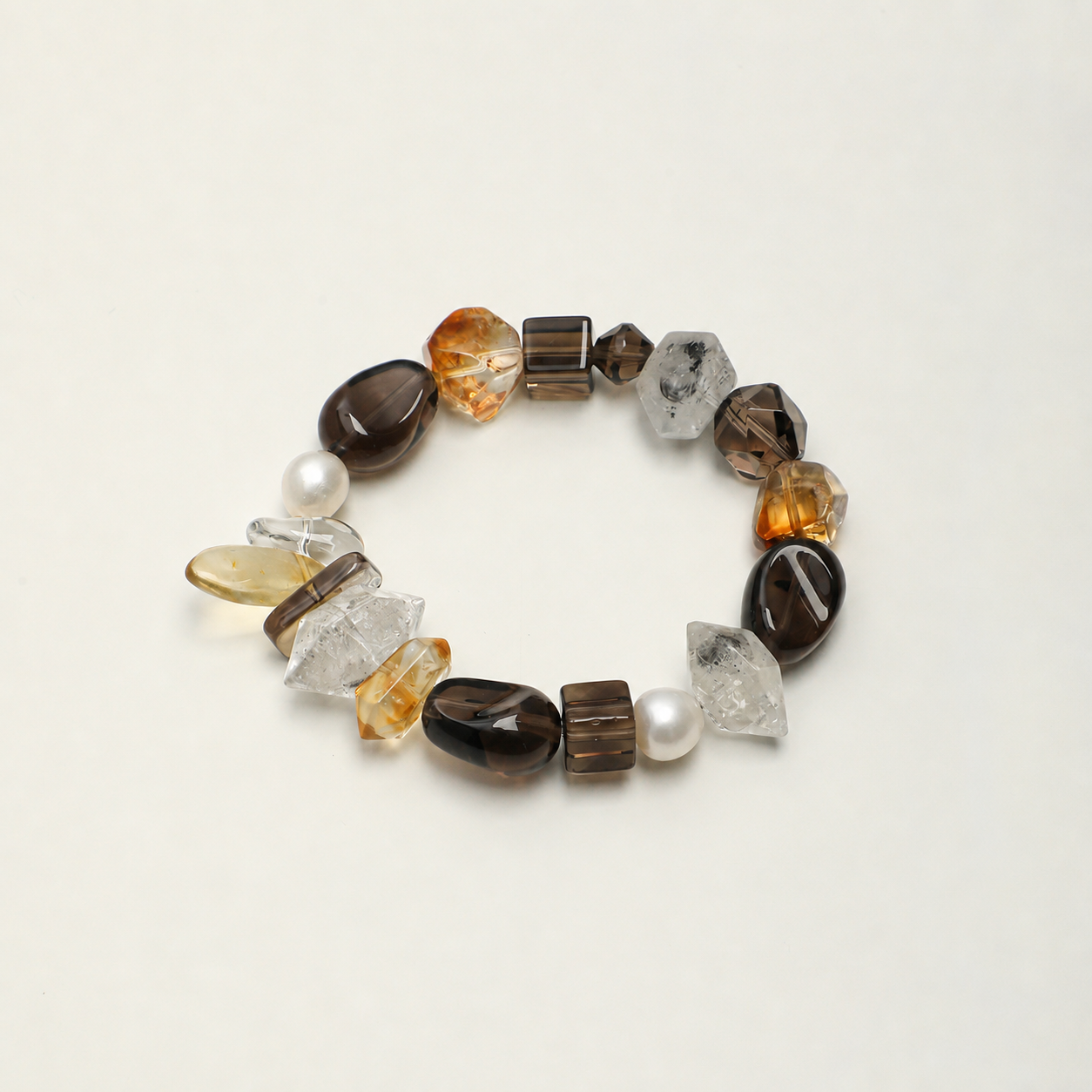 Smoky Quartz & Yellow Tower Crystal Bracelet with Black Herkimer and Pearl Accents