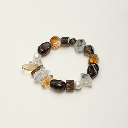 Smoky Quartz & Yellow Tower Crystal Bracelet with Black Herkimer and Pearl Accents