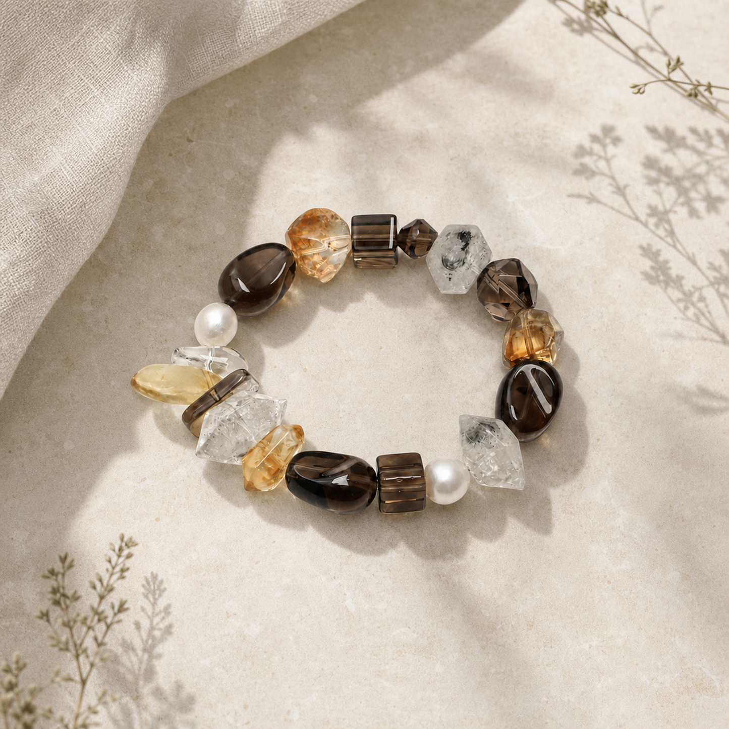 Smoky Quartz & Yellow Tower Crystal Bracelet with Black Herkimer and Pearl Accents