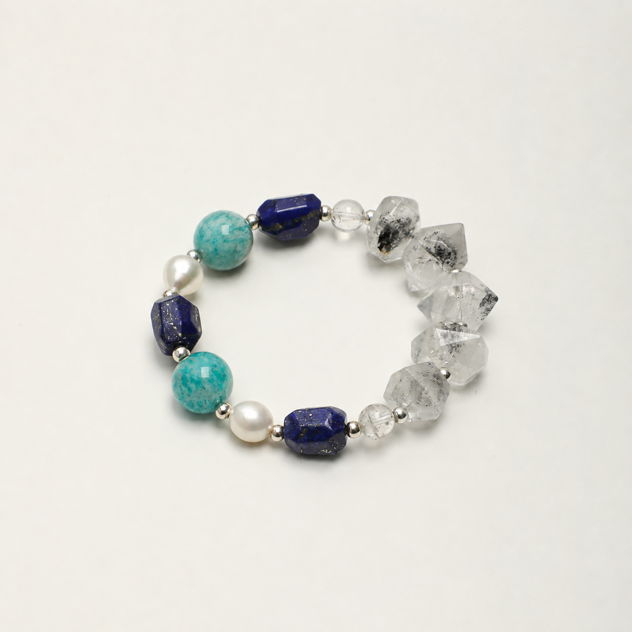 Black Herkimer & Lapis Lazuli Bracelet with Amazonite and White Rice Pearls