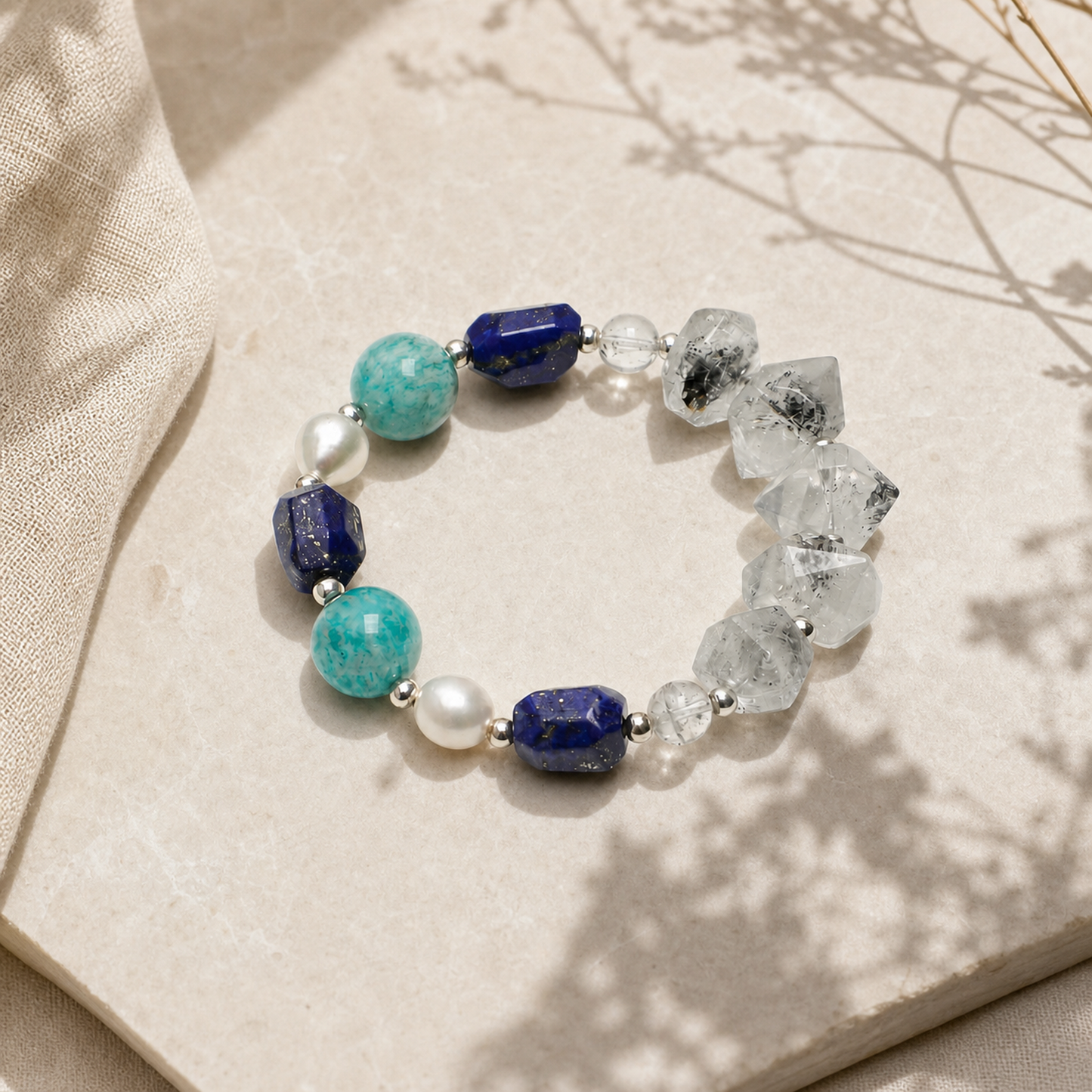Black Herkimer & Lapis Lazuli Bracelet with Amazonite and White Rice Pearls