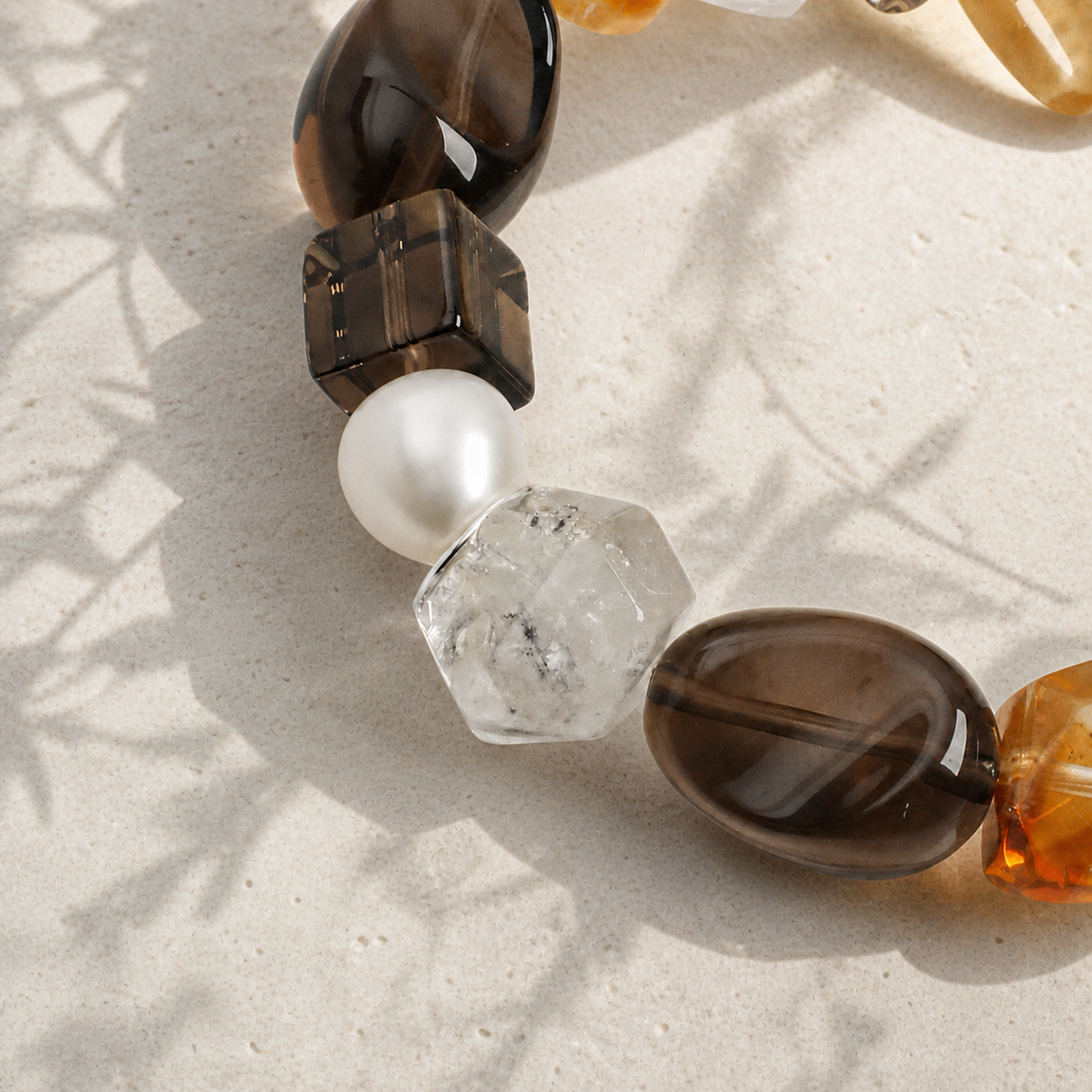 Smoky Quartz & Yellow Tower Crystal Bracelet with Black Herkimer and Pearl Accents