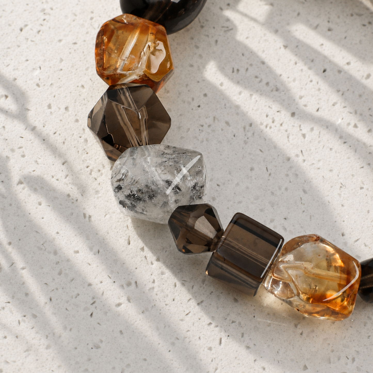 Smoky Quartz & Yellow Tower Crystal Bracelet with Black Herkimer and Pearl Accents