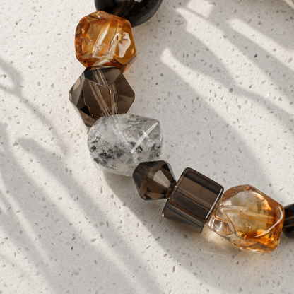 Smoky Quartz & Yellow Tower Crystal Bracelet with Black Herkimer and Pearl Accents