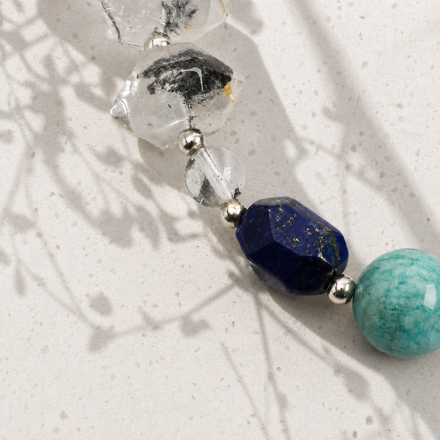 Black Herkimer & Lapis Lazuli Bracelet with Amazonite and White Rice Pearls