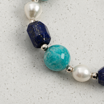 Black Herkimer & Lapis Lazuli Bracelet with Amazonite and White Rice Pearls
