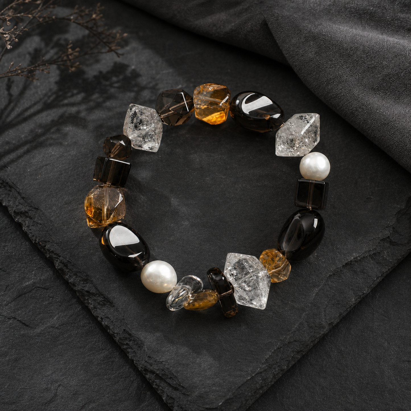 Smoky Quartz & Yellow Tower Crystal Bracelet with Black Herkimer and Pearl Accents