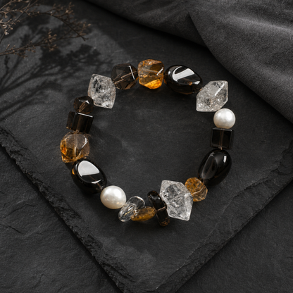 Smoky Quartz & Yellow Tower Crystal Bracelet with Black Herkimer and Pearl Accents