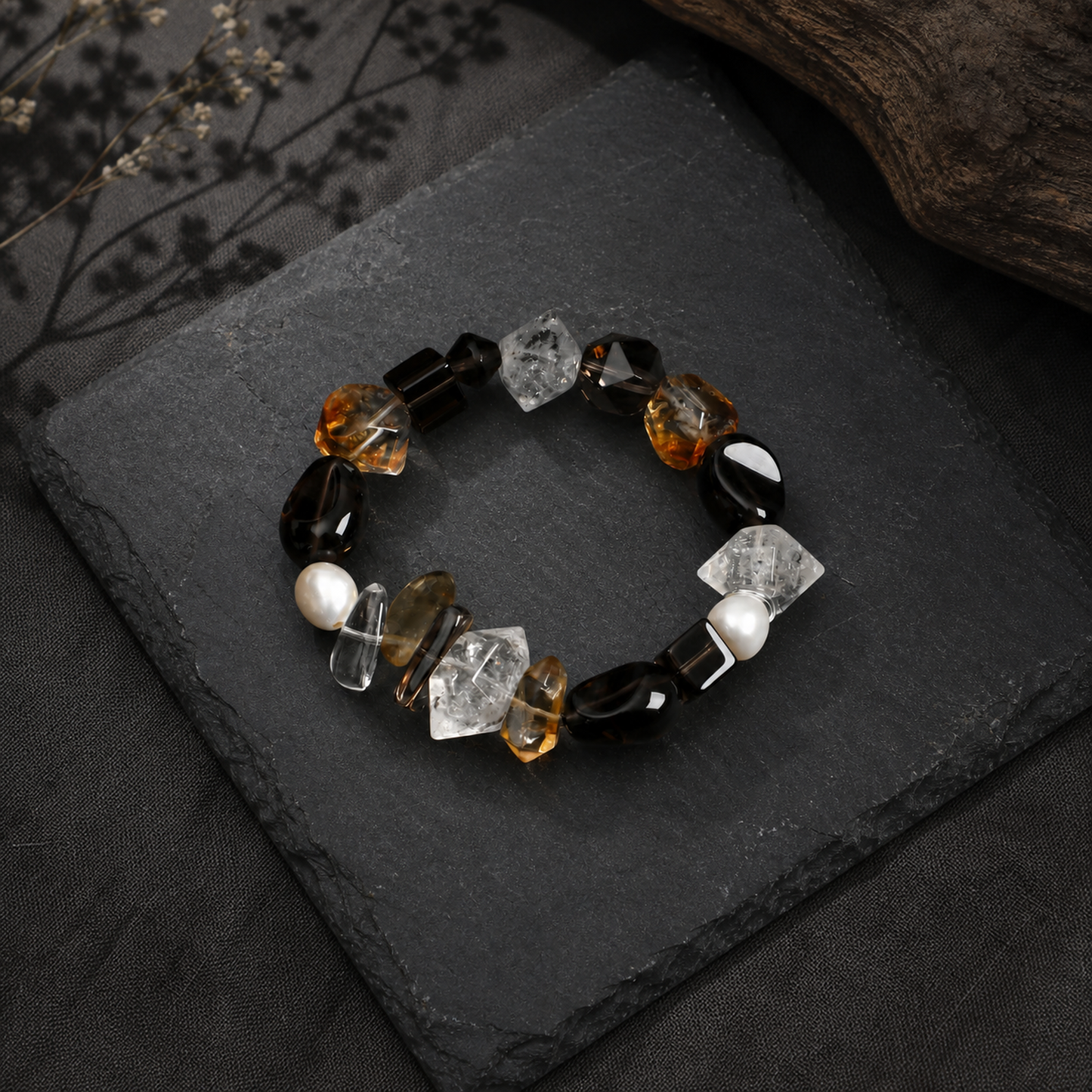 Smoky Quartz & Yellow Tower Crystal Bracelet with Black Herkimer and Pearl Accents