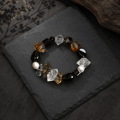 Smoky Quartz & Yellow Tower Crystal Bracelet with Black Herkimer and Pearl Accents