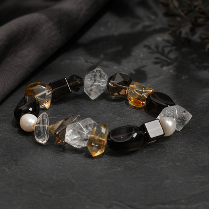 Smoky Quartz & Yellow Tower Crystal Bracelet with Black Herkimer and Pearl Accents