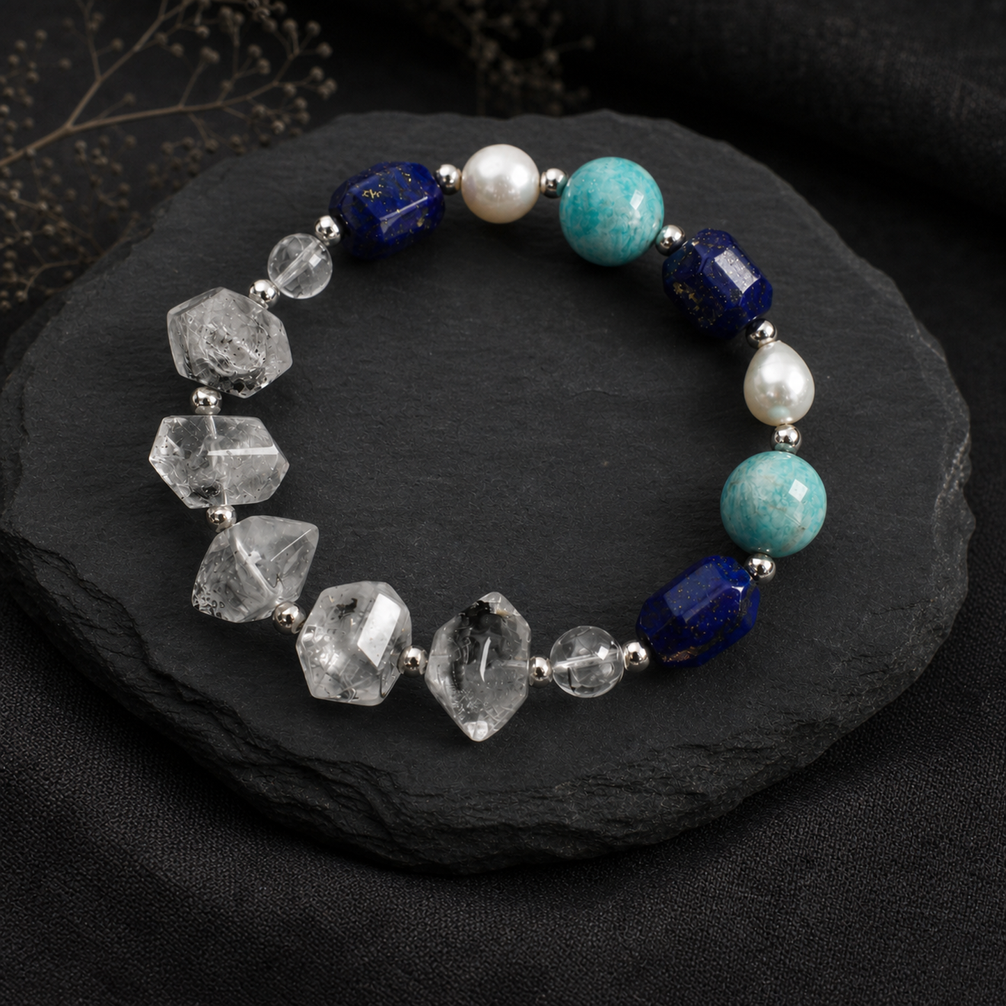 Black Herkimer & Lapis Lazuli Bracelet with Amazonite and White Rice Pearls