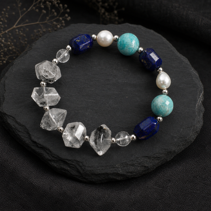 Black Herkimer & Lapis Lazuli Bracelet with Amazonite and White Rice Pearls