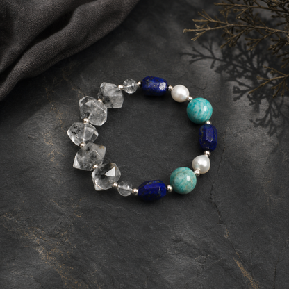 Black Herkimer & Lapis Lazuli Bracelet with Amazonite and White Rice Pearls