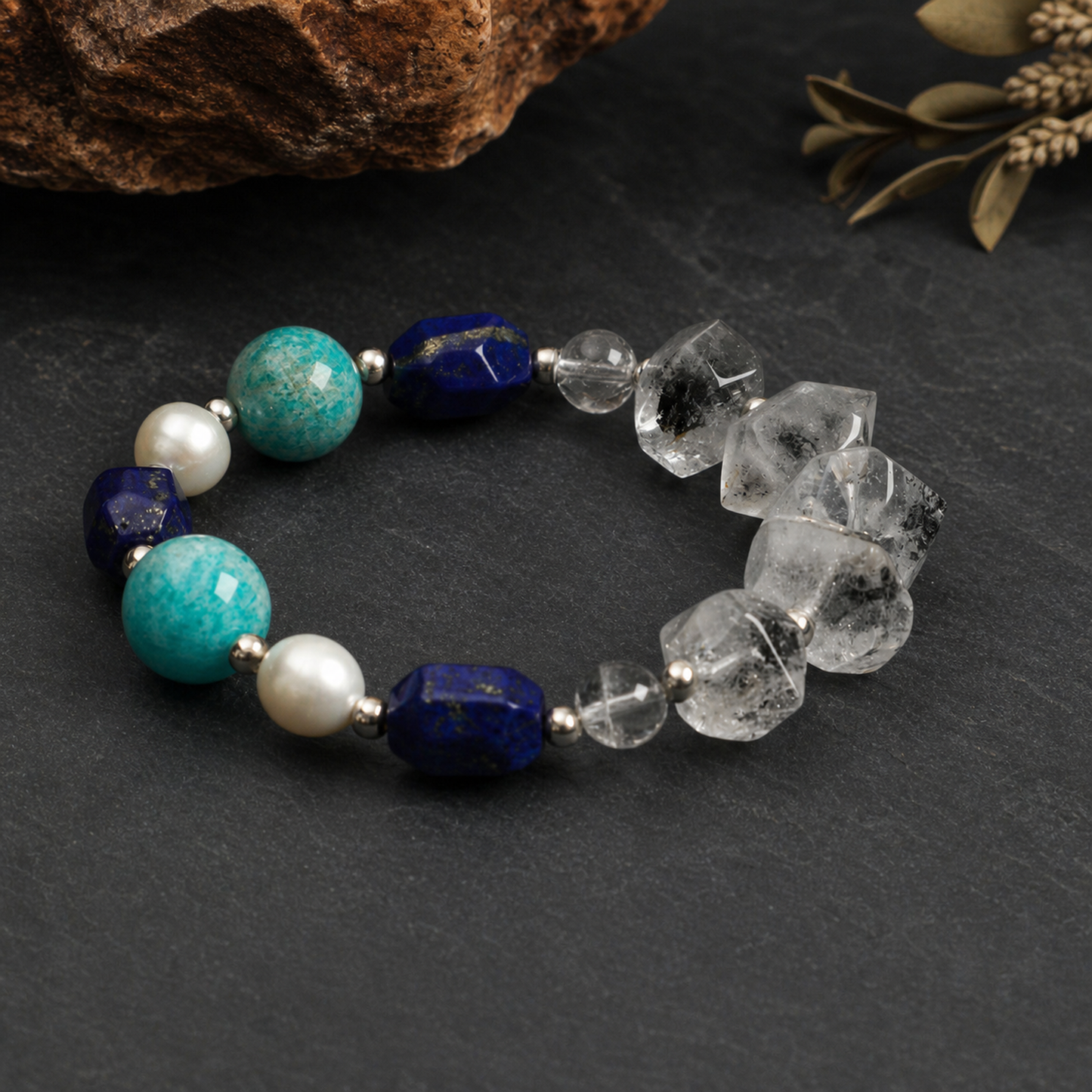 Black Herkimer & Lapis Lazuli Bracelet with Amazonite and White Rice Pearls