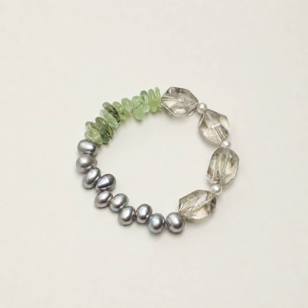 Green Crystal & Prehnite Bracelet with Gray Rice Pearls