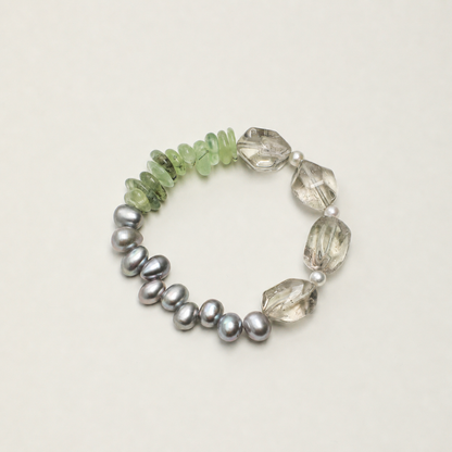 Green Crystal & Prehnite Bracelet with Gray Rice Pearls