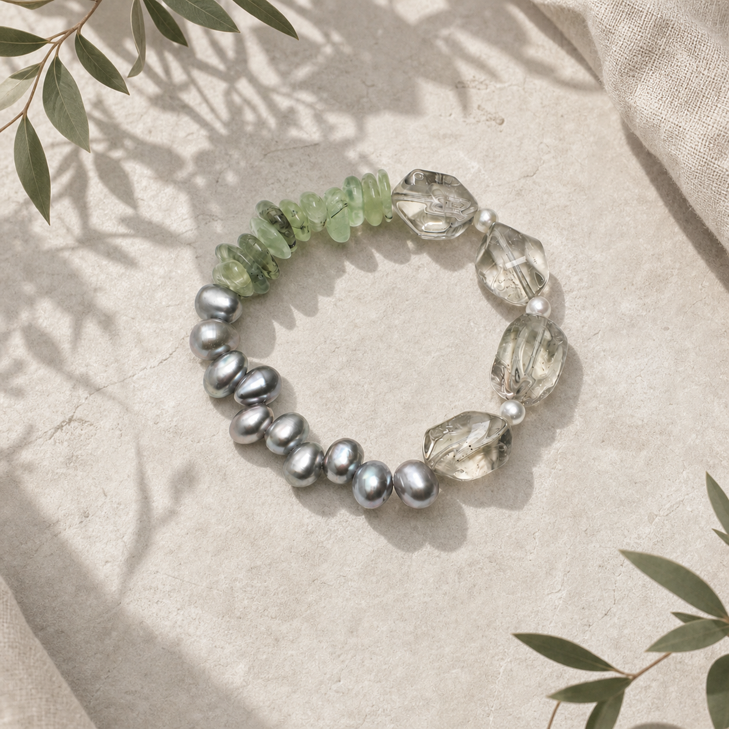 Green Crystal & Prehnite Bracelet with Gray Rice Pearls