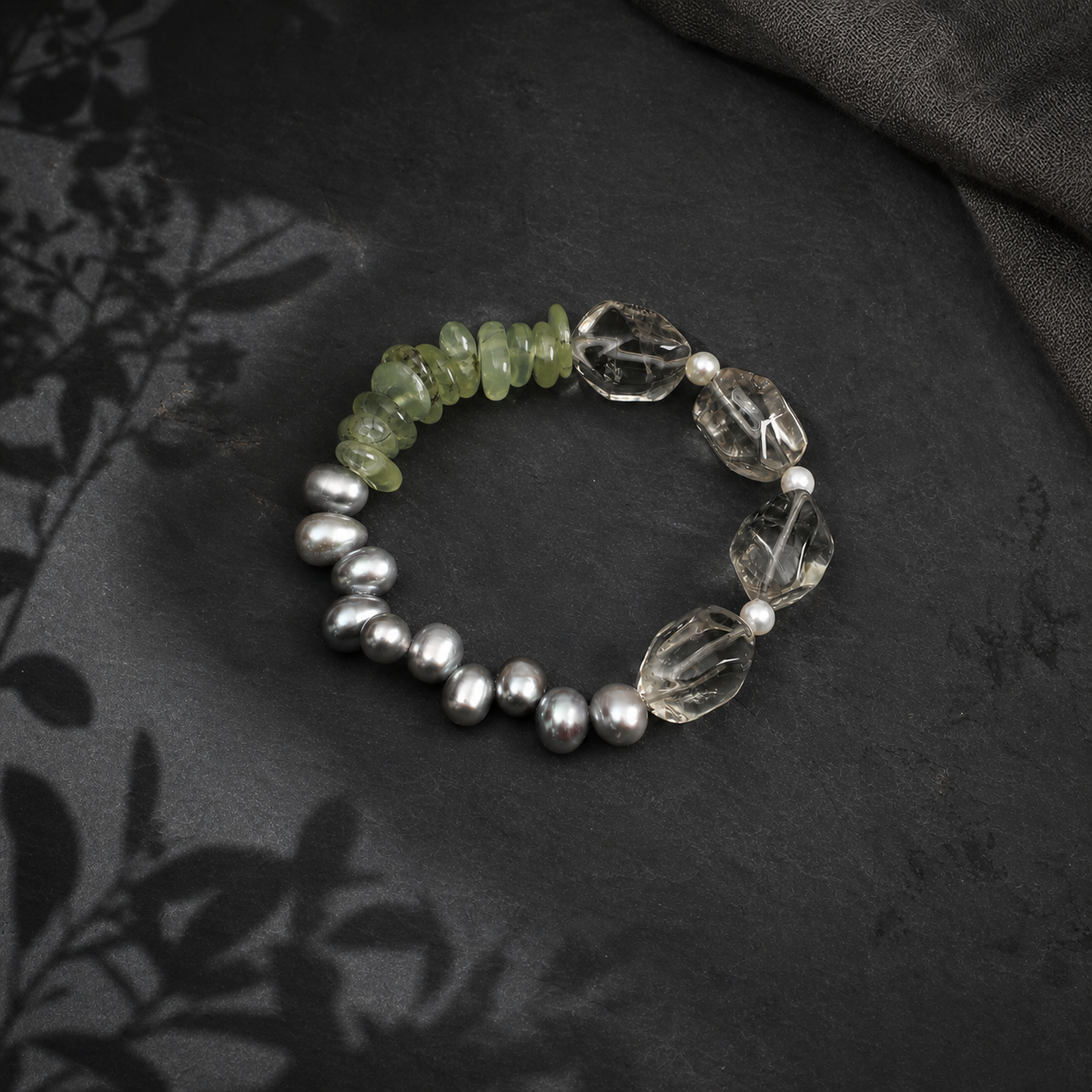 Green Crystal & Prehnite Bracelet with Gray Rice Pearls