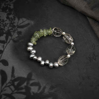 Green Crystal & Prehnite Bracelet with Gray Rice Pearls