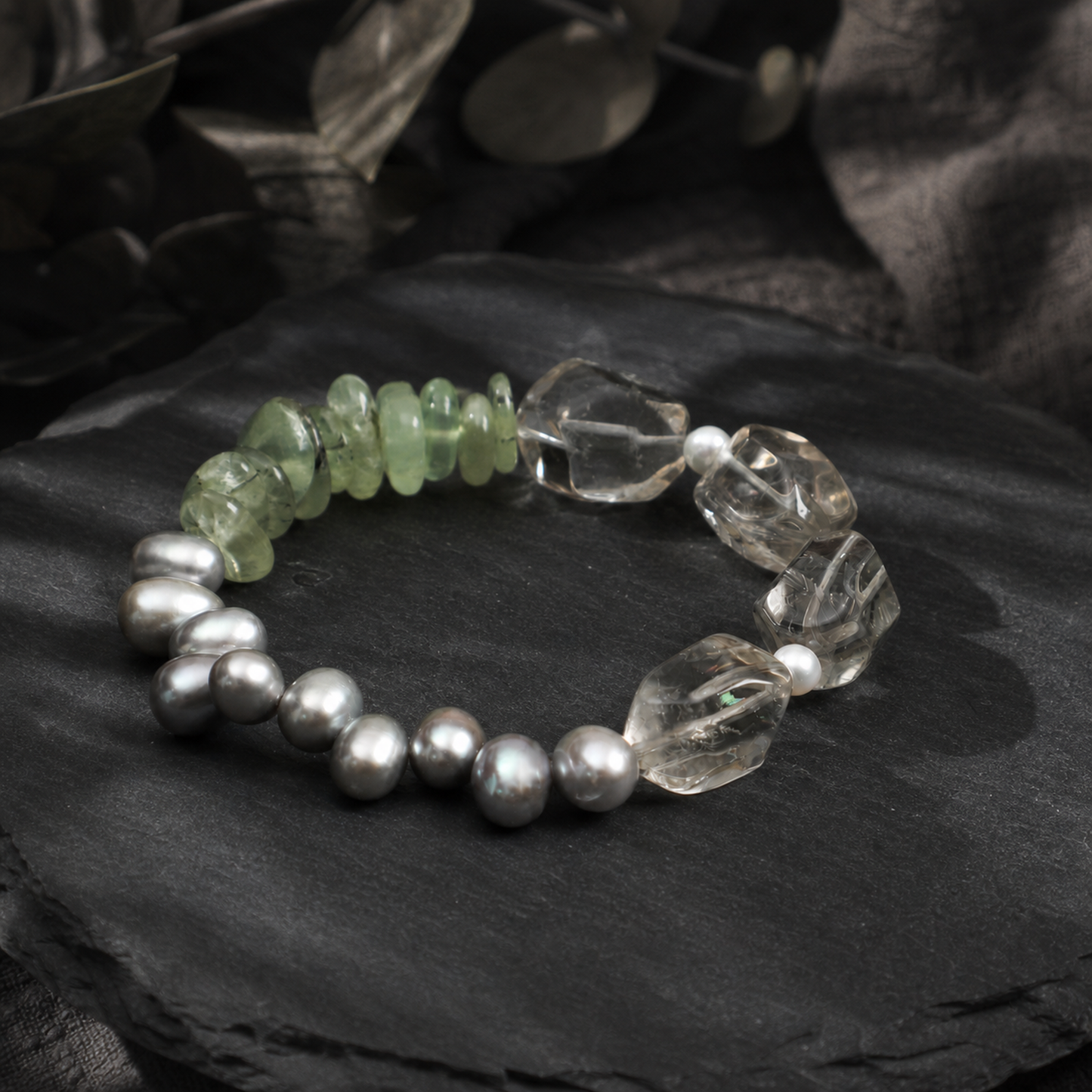 Green Crystal & Prehnite Bracelet with Gray Rice Pearls