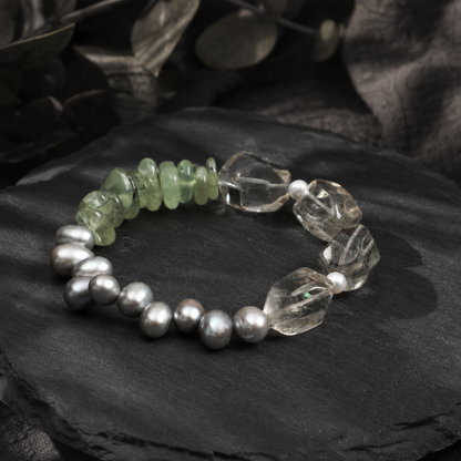 Green Crystal & Prehnite Bracelet with Gray Rice Pearls