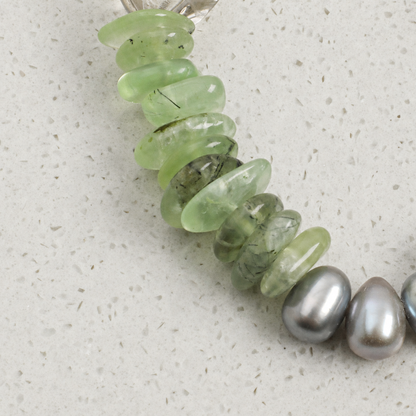 Green Crystal & Prehnite Bracelet with Gray Rice Pearls