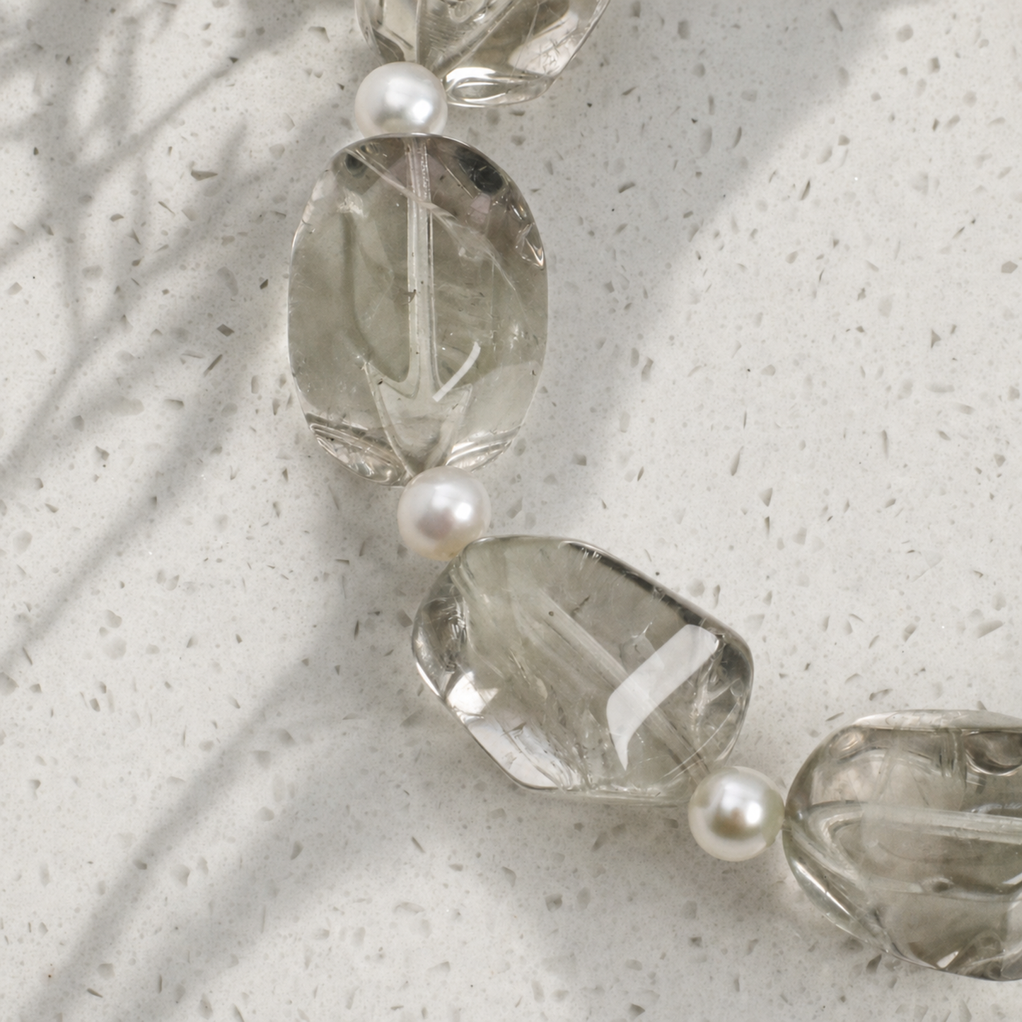 Green Crystal & Prehnite Bracelet with Gray Rice Pearls