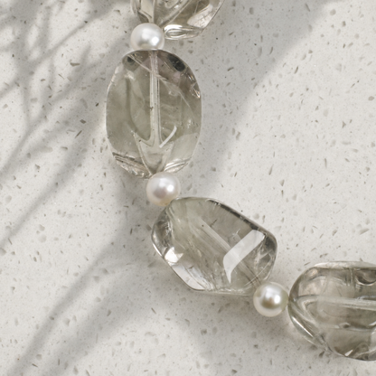 Green Crystal & Prehnite Bracelet with Gray Rice Pearls