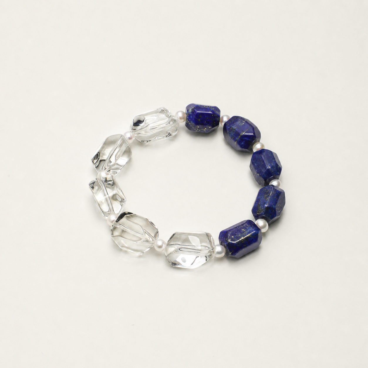 Lapis Lazuli & Clear Quartz Double Point Bracelet with Tiny Rice Pearls