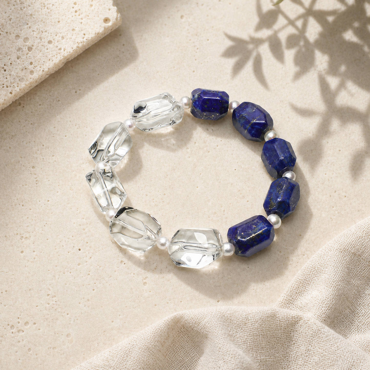 Lapis Lazuli & Clear Quartz Double Point Bracelet with Tiny Rice Pearls