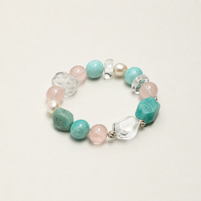 Amazonite & Rose Quartz Bracelet with Clear Quartz and White Rice Pearls