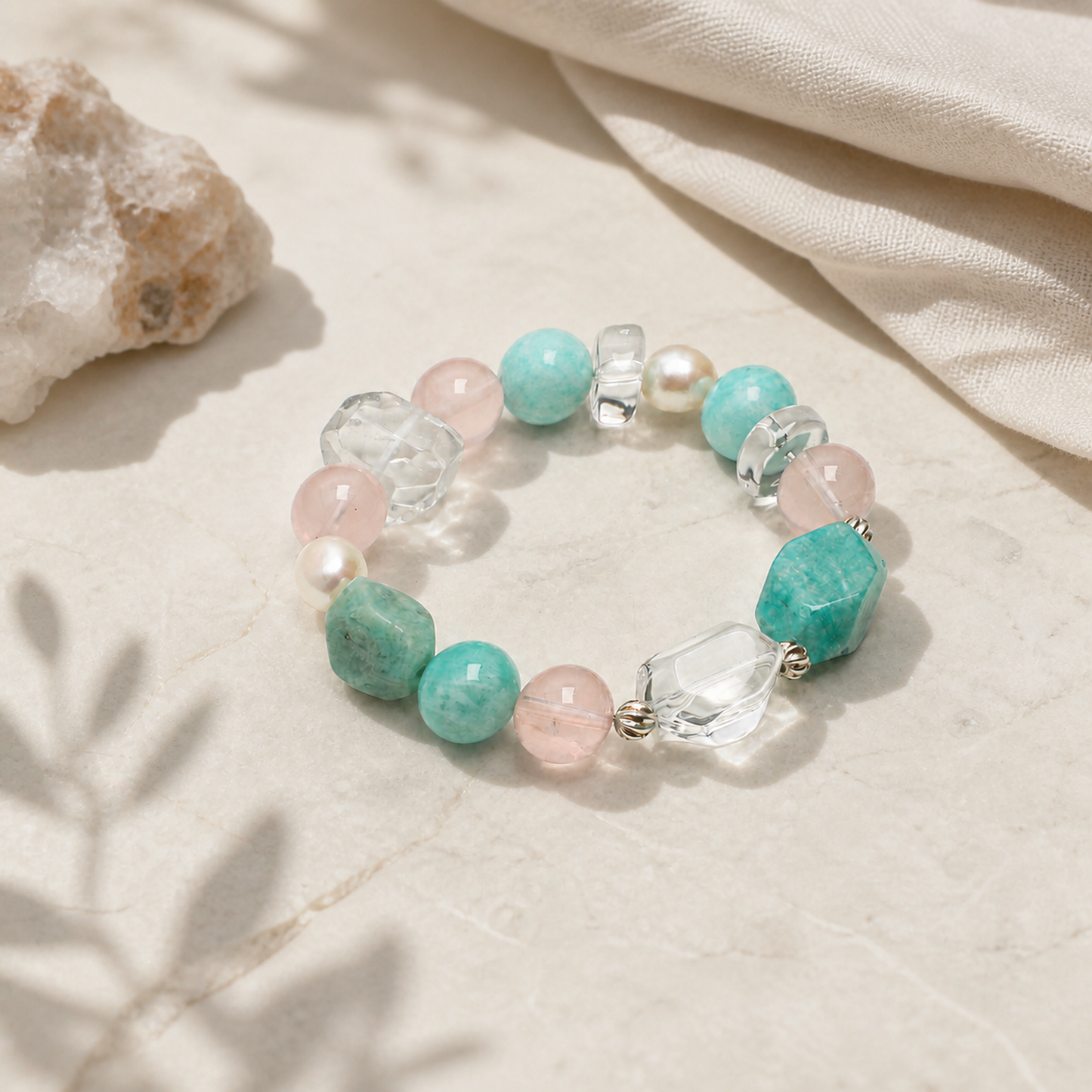 Amazonite & Rose Quartz Bracelet with Clear Quartz and White Rice Pearls