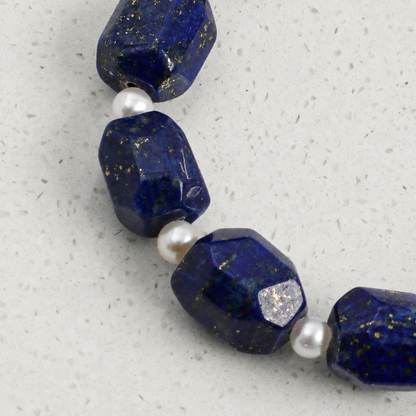 Lapis Lazuli & Clear Quartz Double Point Bracelet with Tiny Rice Pearls