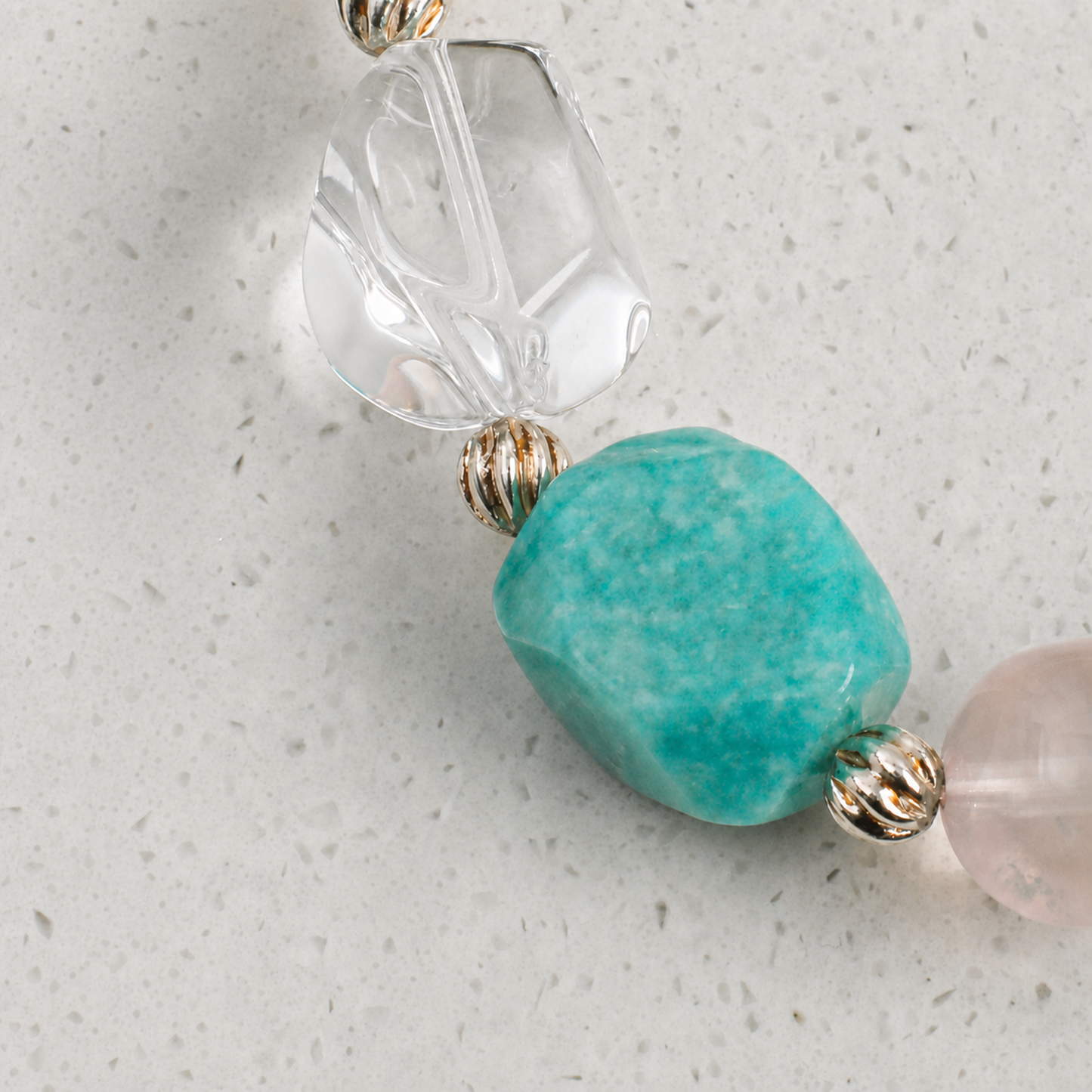 Amazonite & Rose Quartz Bracelet with Clear Quartz and White Rice Pearls