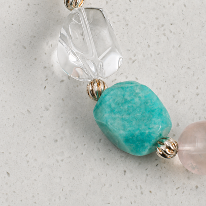 Amazonite & Rose Quartz Bracelet with Clear Quartz and White Rice Pearls