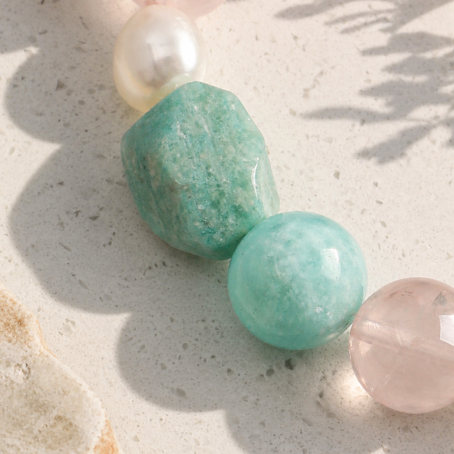 Amazonite & Rose Quartz Bracelet with Clear Quartz and White Rice Pearls