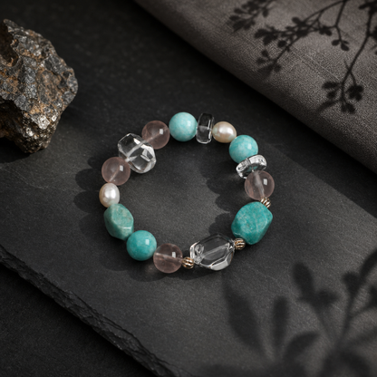 Amazonite & Rose Quartz Bracelet with Clear Quartz and White Rice Pearls