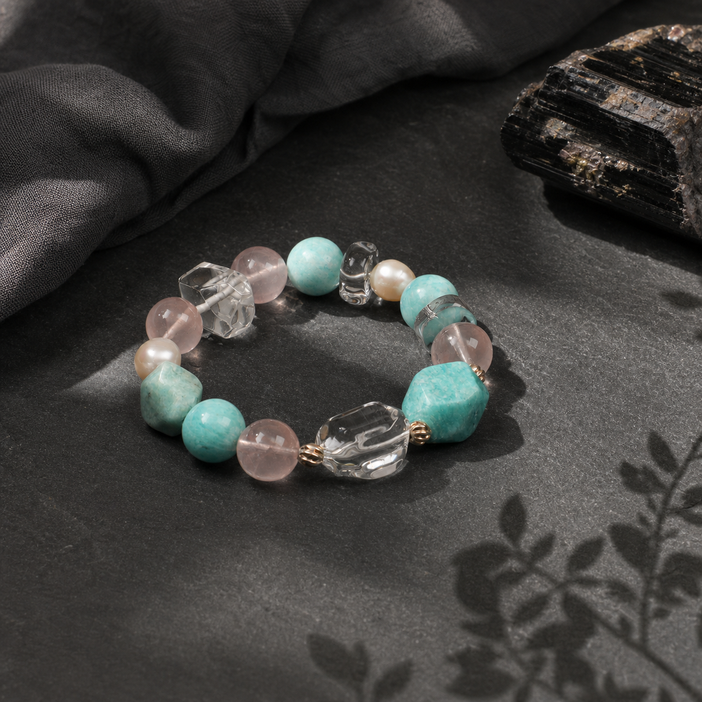 Amazonite & Rose Quartz Bracelet with Clear Quartz and White Rice Pearls
