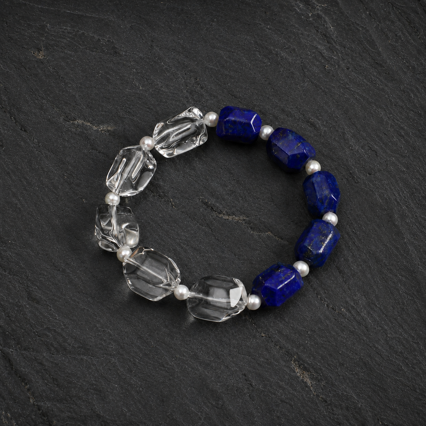 Lapis Lazuli & Clear Quartz Double Point Bracelet with Tiny Rice Pearls