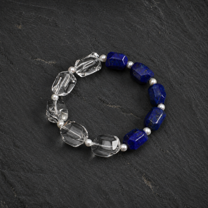Lapis Lazuli & Clear Quartz Double Point Bracelet with Tiny Rice Pearls