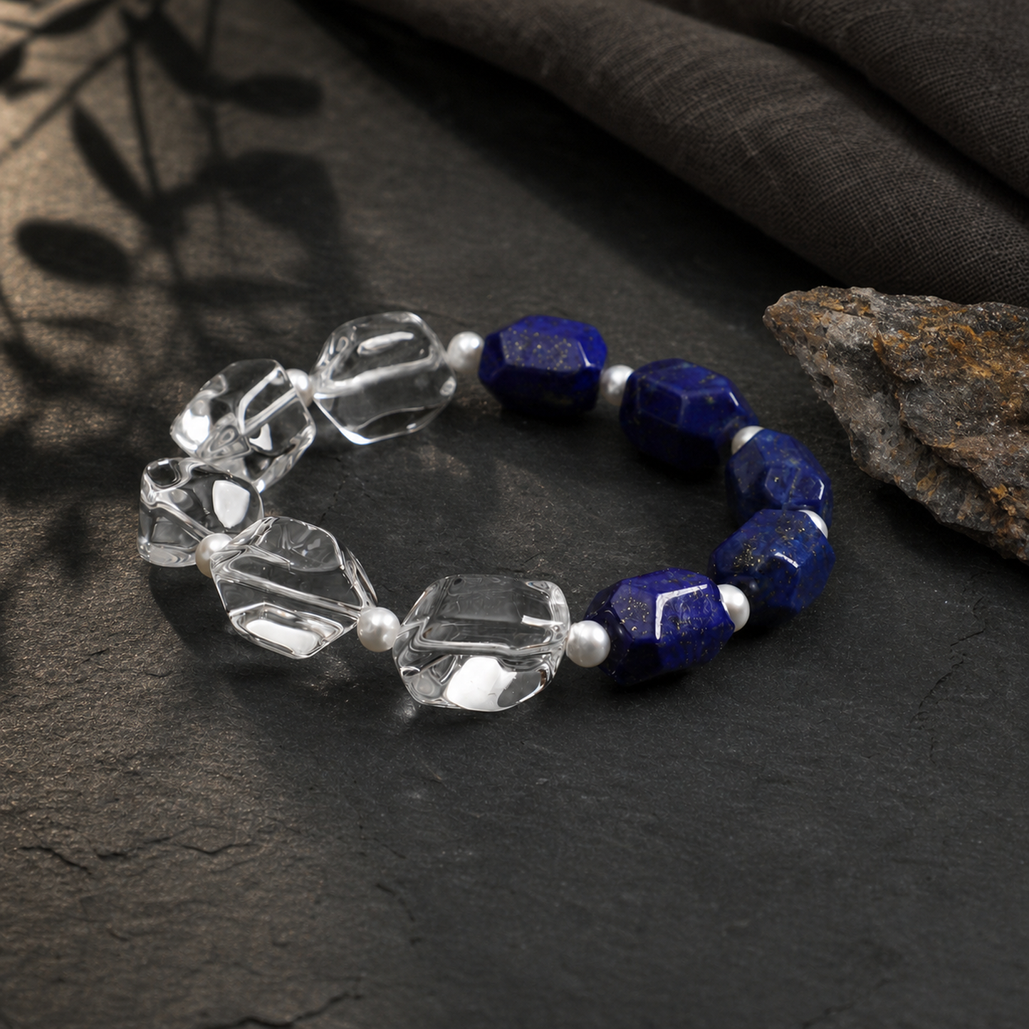 Lapis Lazuli & Clear Quartz Double Point Bracelet with Tiny Rice Pearls